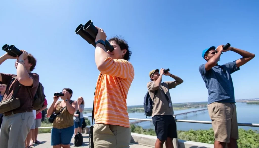 Visitors with binoculars and cameras at Fort Defiance State Park Illinois