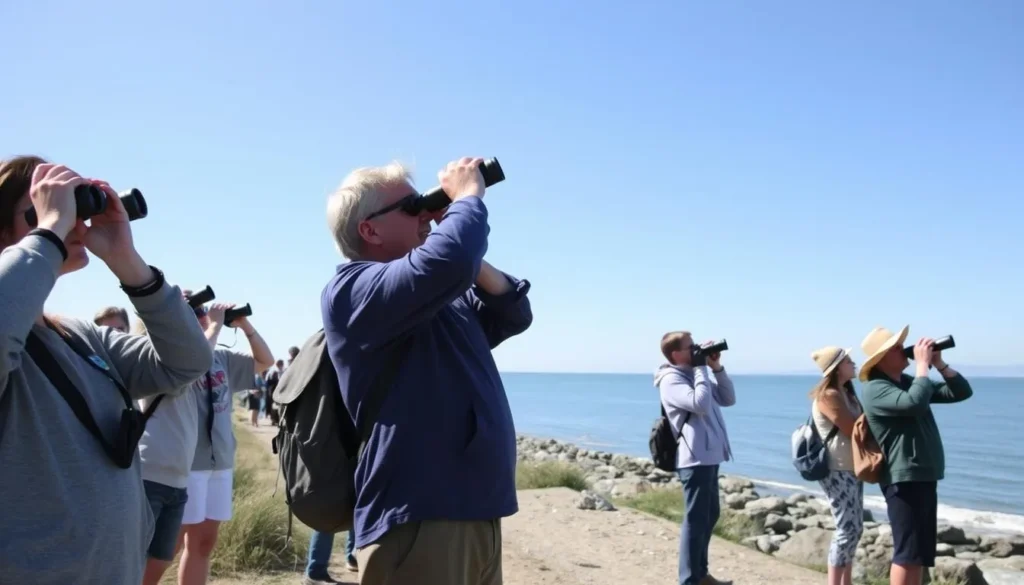 Visitors with binoculars and cameras enjoying McLaughlin Eastshore State Park Visitors with binoculars and cameras enjoying McLaughlin Eastshore State Park