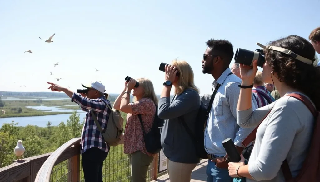 Visitors with binoculars and cameras enjoying birdwatching at Mermet Lake