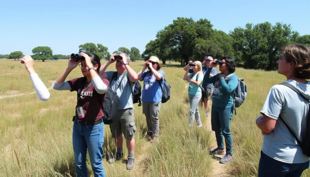 Visitors with binoculars and cameras enjoying the prairie landscape at Middlefork Savanna
