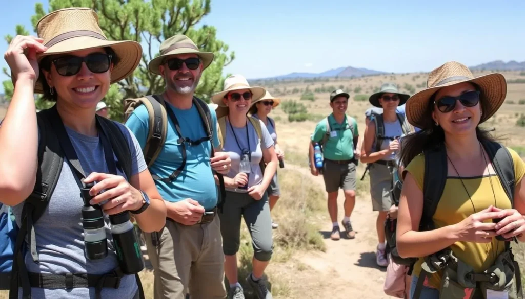 Visitors with binoculars and hiking gear exploring Canelo Hills Cienega Reserve Arizona Visitors with binoculars and hiking gear exploring Canelo Hills Cienega Reserve Arizona