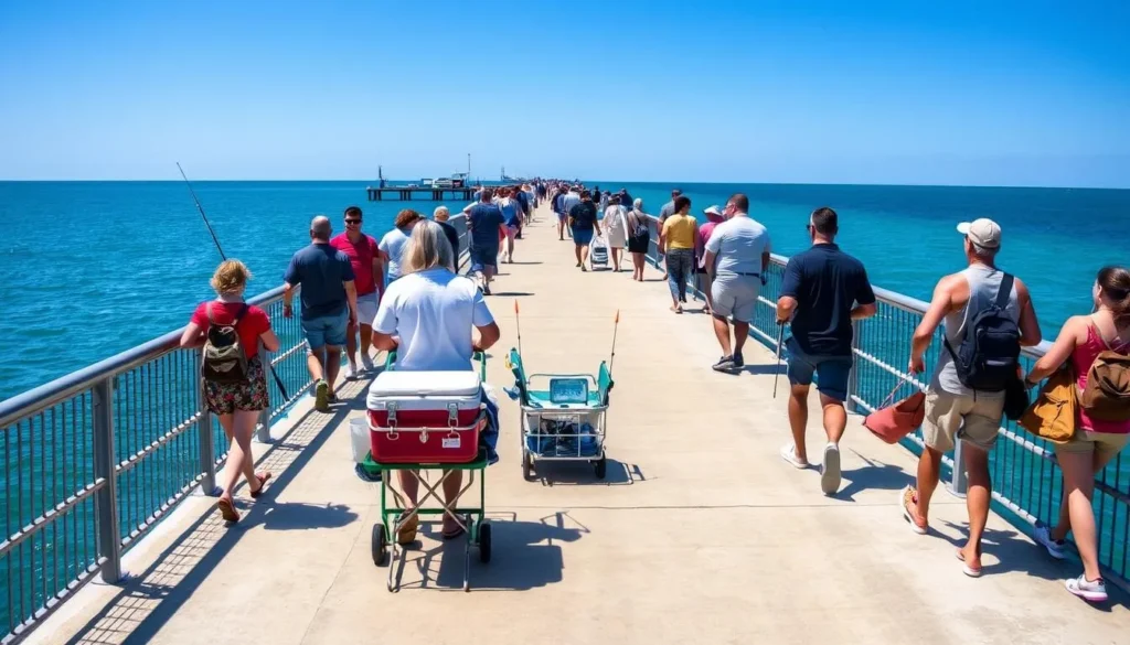 Visitors with fishing gear carts walking along the Skyway Fishing Pier State Park Florida Visitors with fishing gear carts walking along the Skyway Fishing Pier State Park Florida