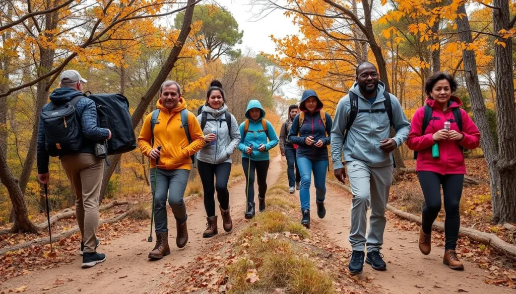 Visitors with proper hiking gear exploring trails in Palomar Mountain State Park during autumn