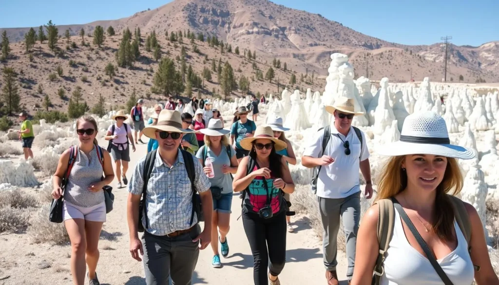 Visitors with proper sun protection exploring the trails at Mono Lake Visitors with proper sun protection exploring the trails at Mono Lake