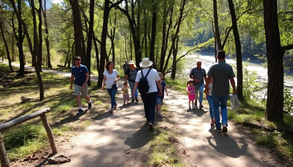 Walking path through McConnell State Recreation Area California with families exploring Walking path through McConnell State Recreation Area California with families exploring