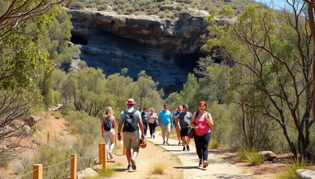Walking path through Naracoorte Caves National Park with tourists exploring the area