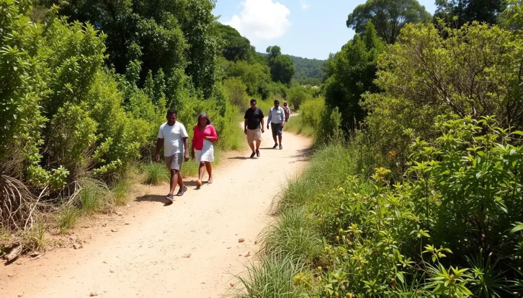 Walking path through Rema Island with diverse tourists exploring the natural surroundings