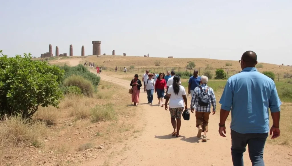 Walking path through Tiya Archaeological Site Ethiopia with stone monuments