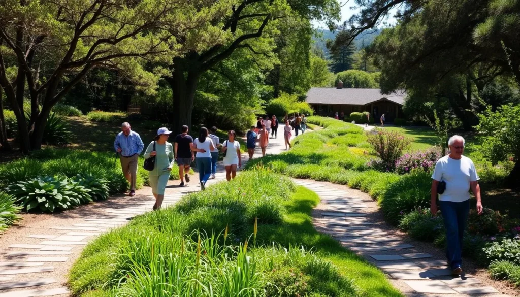Walking paths through the lush gardens at Esalen Institute with diverse visitors exploring the grounds
