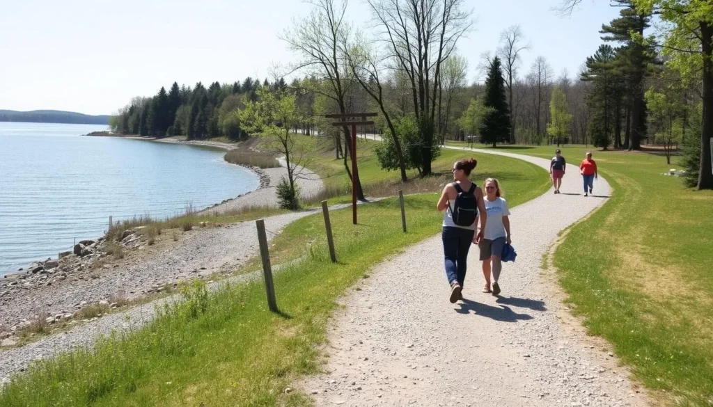 Walking trail around Memorial Lake State Park with visitors enjoying the scenic path Walking trail around Memorial Lake State Park with visitors enjoying the scenic path