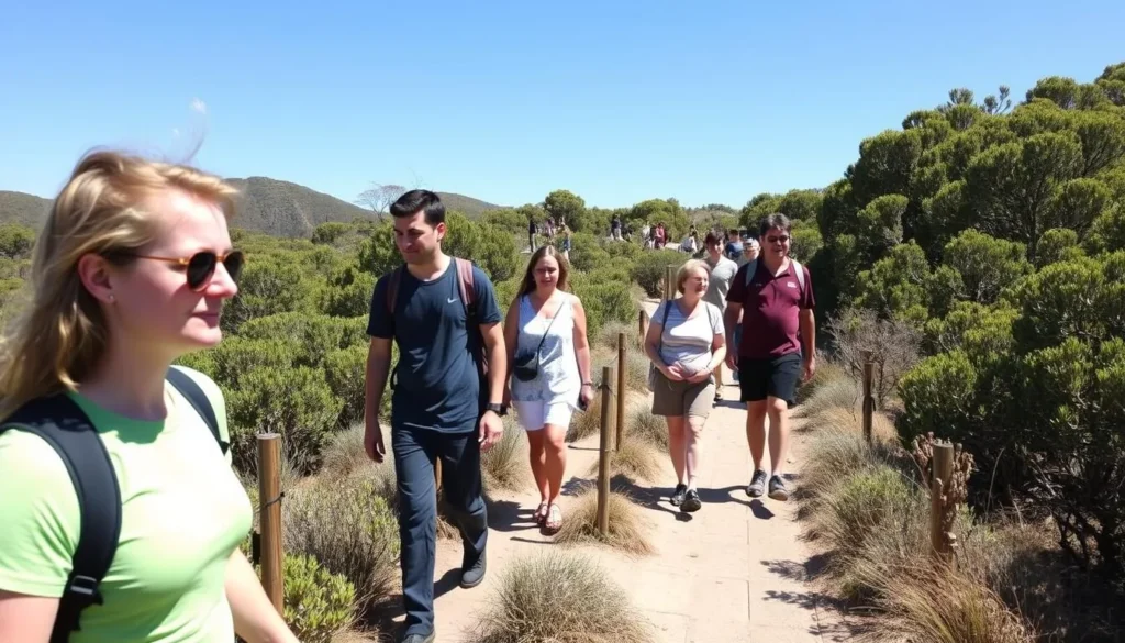Walking trail in Freycinet National Park Tasmania with diverse tourists enjoying the scenery
