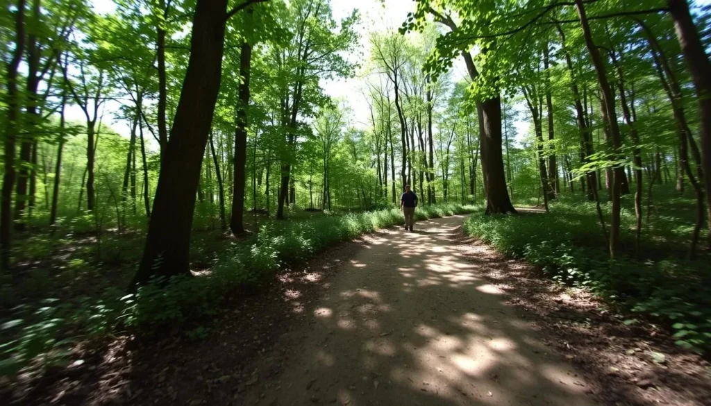 Walking trail through wooded area of Frank Holten State Park with dappled sunlight Walking trail through wooded area of Frank Holten State Park with dappled sunlight