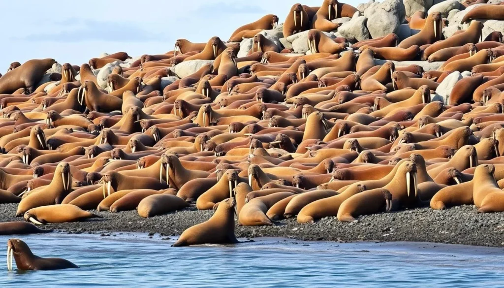 Walrus colony on the rocky shores of Beringia National Park Walrus colony on the rocky shores of Beringia National Park