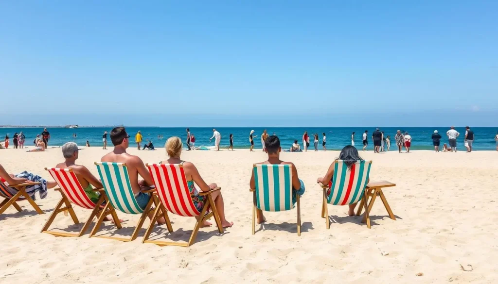 Warnemünde Beach in summer with colorful beach chairs, blue water, and visitors enjoying the sunshine