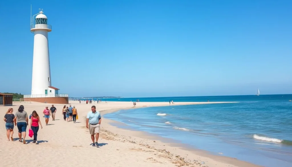 Warnemünde lighthouse and beach with people walking along the shore and sailing boats in the distance