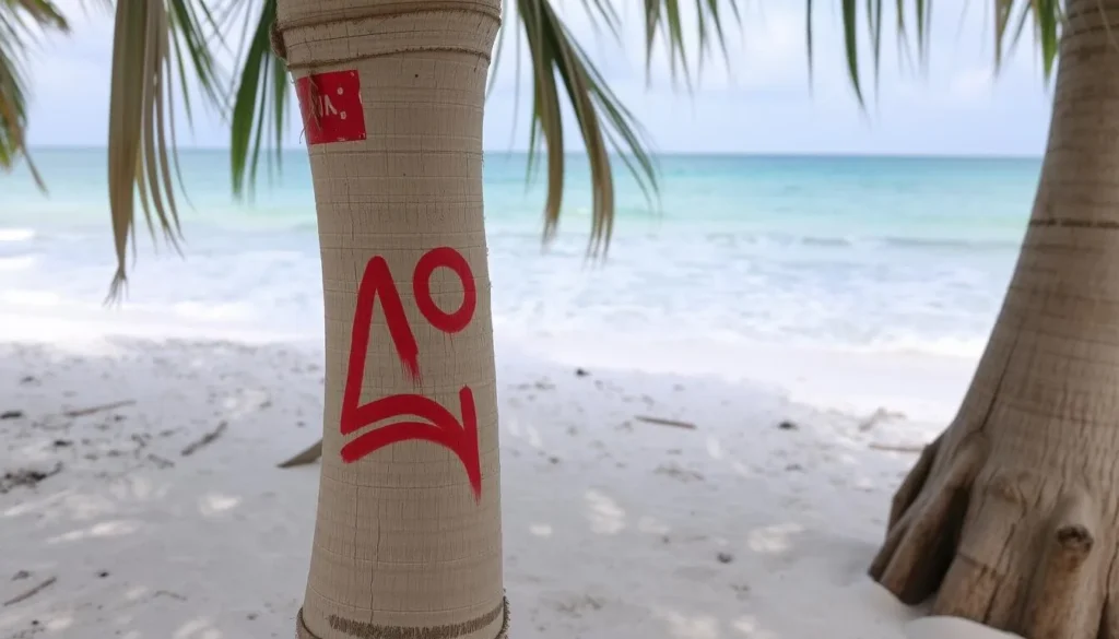 Warning sign for manchineel trees on a Marie-Galante beach with red paint marking on tree trunk