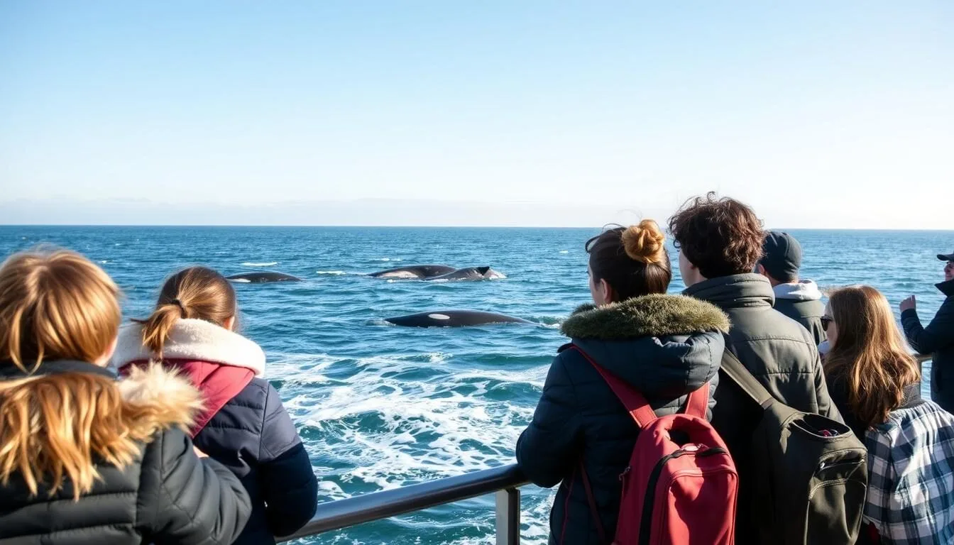 Warrnambool coastline during winter whale watching season with Southern Right Whales visible from viewing platform