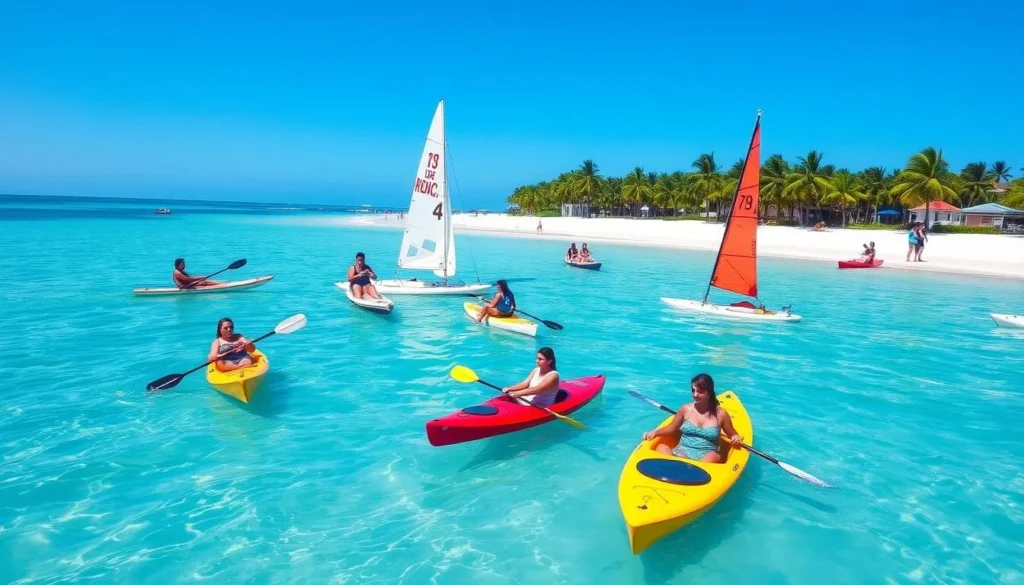 Water sports activities at Varadero Beach with kayaks and paddleboards