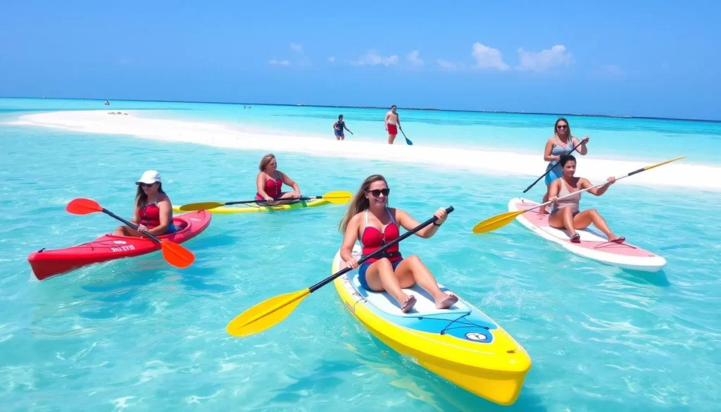 Water sports at Playa Paraiso Cayo Largo del Sur Cuba showing kayaking and paddleboarding Water sports at Playa Paraiso Cayo Largo del Sur Cuba showing kayaking and paddleboarding