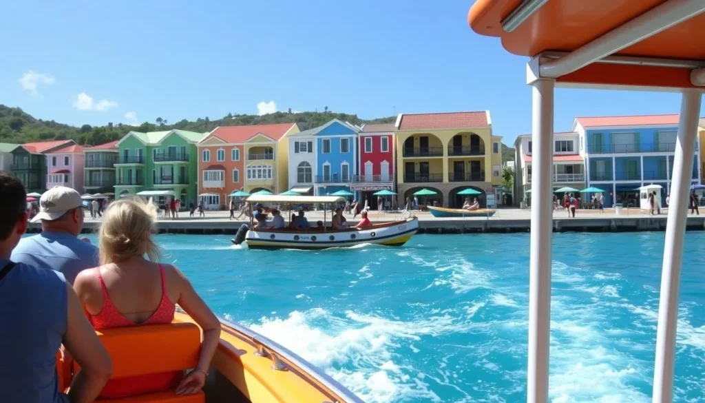 Water taxi approaching Philipsburg boardwalk with colorful buildings in background Water taxi approaching Philipsburg boardwalk with colorful buildings in background