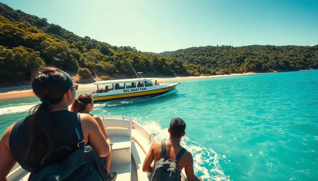 Water taxi approaching a golden beach in Abel Tasman National Park with tourists waiting