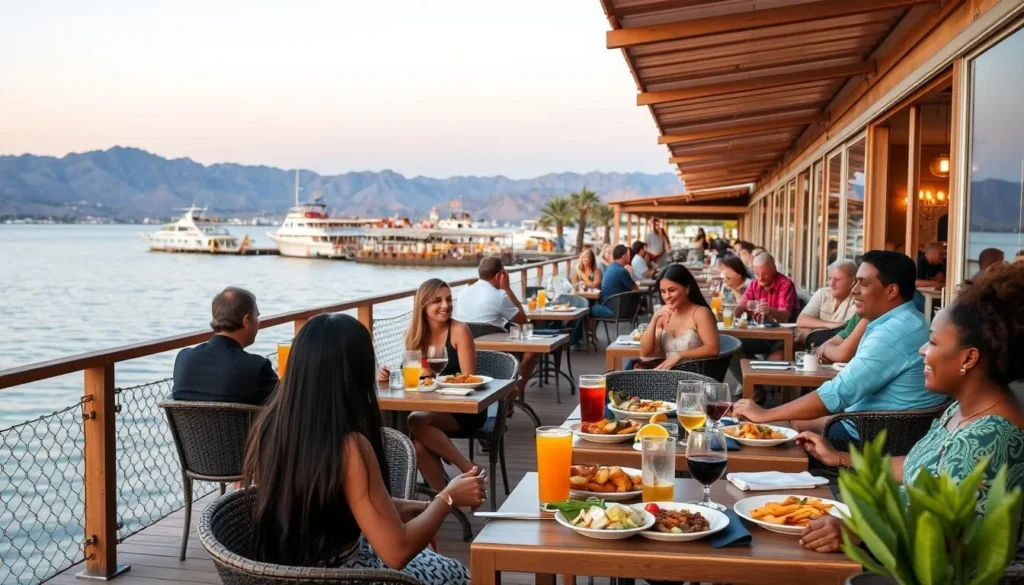 Waterfront restaurant in Lake Havasu with diners enjoying meals with lake views Waterfront restaurant in Lake Havasu with diners enjoying meals with lake views