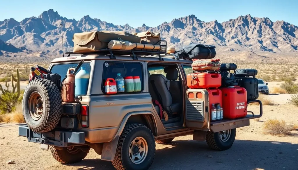 Well-equipped 4x4 vehicle with camping gear parked at Kofa Mountains trailhead Well-equipped 4x4 vehicle with camping gear parked at Kofa Mountains trailhead