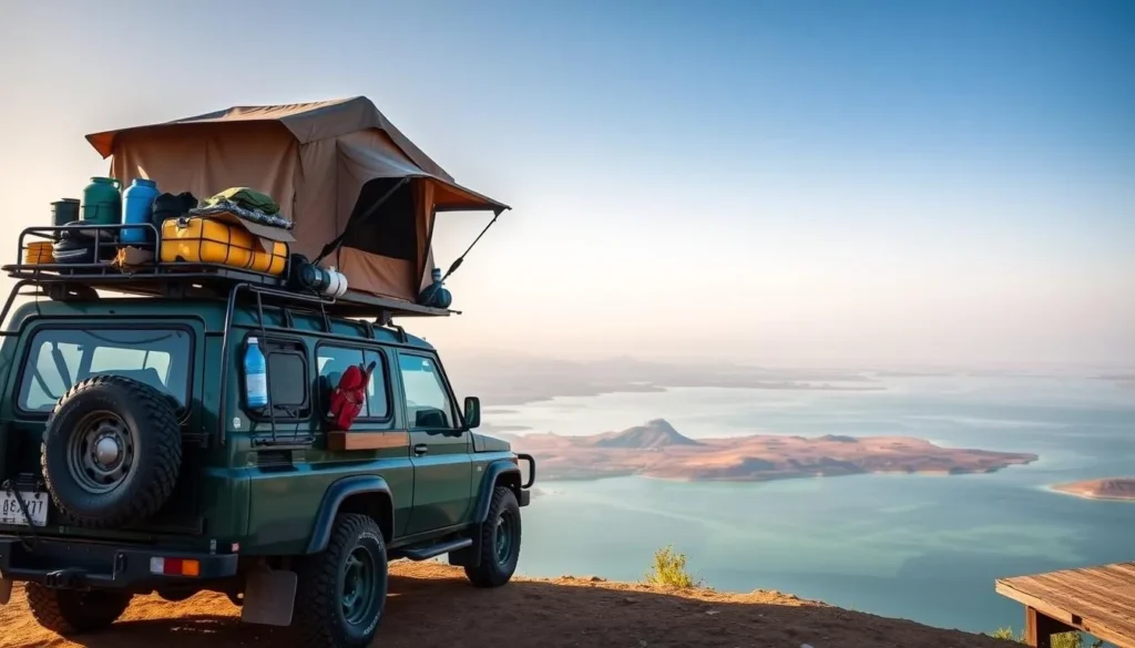 Well-equipped 4x4 vehicle with camping gear parked at a viewpoint overlooking Lake Turkana