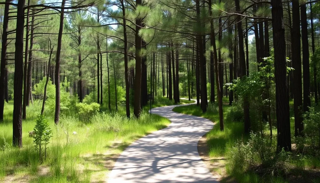 Well-maintained hiking trail through pine forest at Fred Gannon Rocky Bayou State Park Well-maintained hiking trail through pine forest at Fred Gannon Rocky Bayou State Park