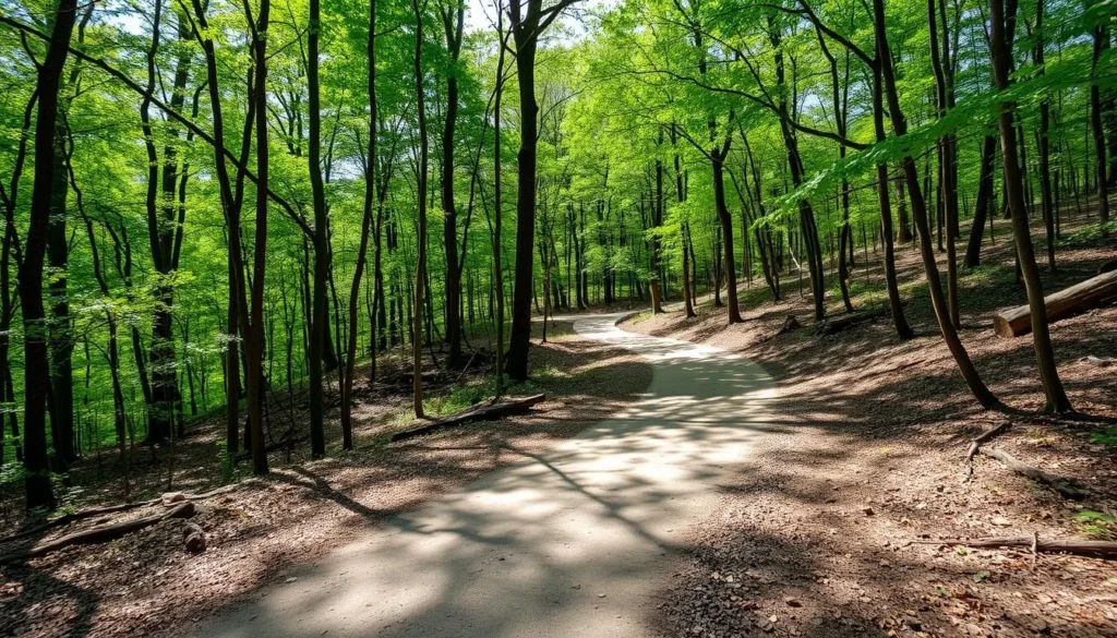 Well-maintained hiking trail through wooded areas of Delabar State Park