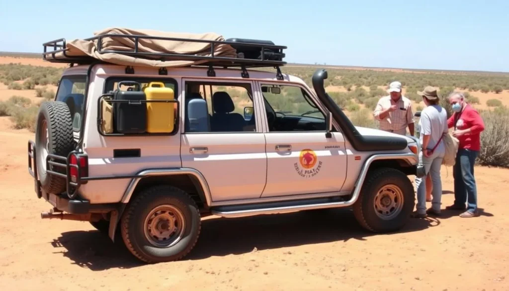 Well-prepared 4WD vehicle with extra water and supplies for Oodnadatta Track journey