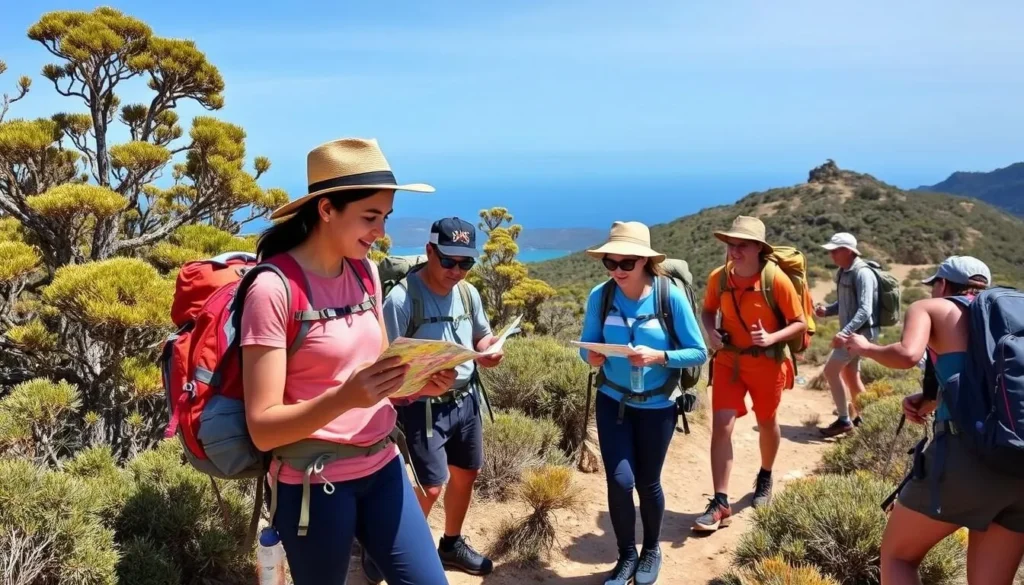 Well-prepared hikers with backpacks and water bottles in Freycinet National Park Tasmania