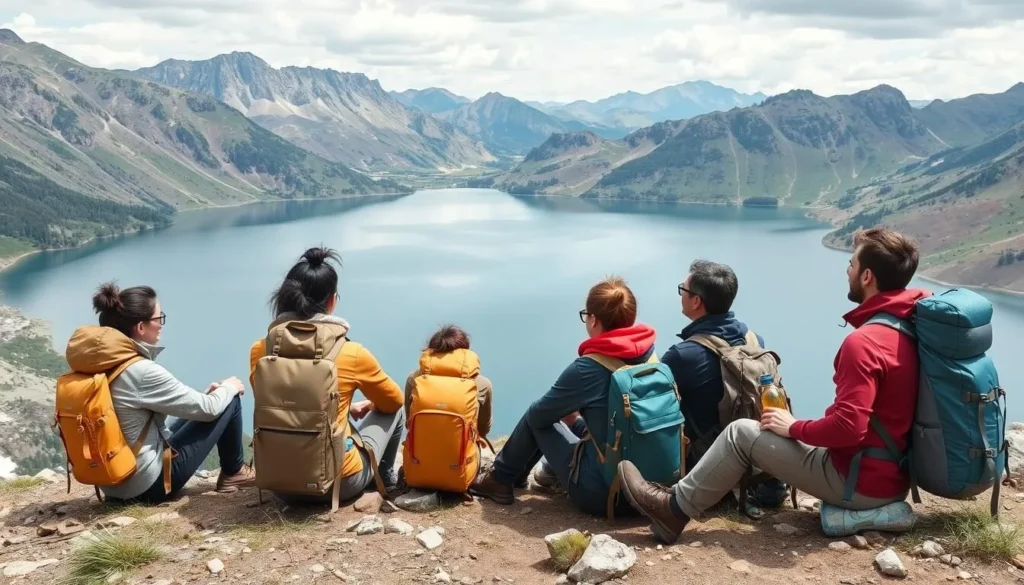 Well-prepared hikers with proper gear taking a break at Lake Esperance in Hartz Mountains National Park