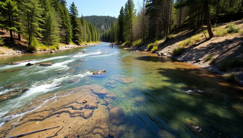 White Deer Creek flowing through McCalls Dam State Park with people fishing along the banks White Deer Creek flowing through McCalls Dam State Park with people fishing along the banks