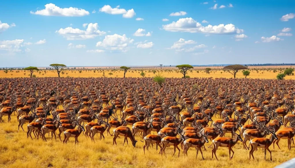 White-eared kob migration in Gambela National Park Ethiopia showing large herds across the savanna