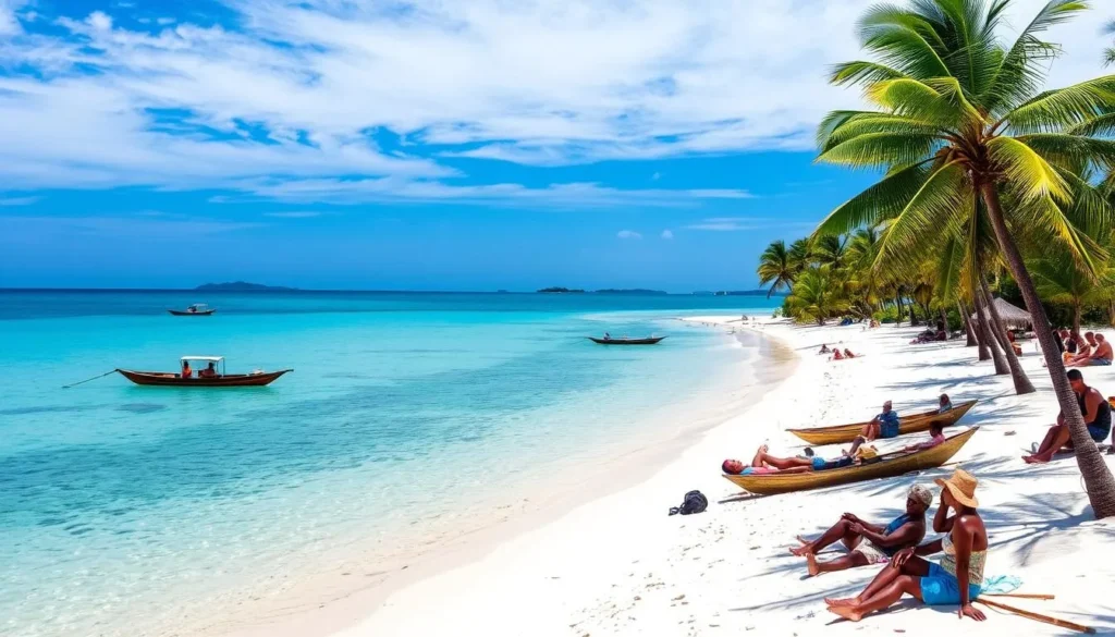 White sandy beach on Ssese Islands with palm trees and clear blue water White sandy beach on Ssese Islands with palm trees and clear blue water