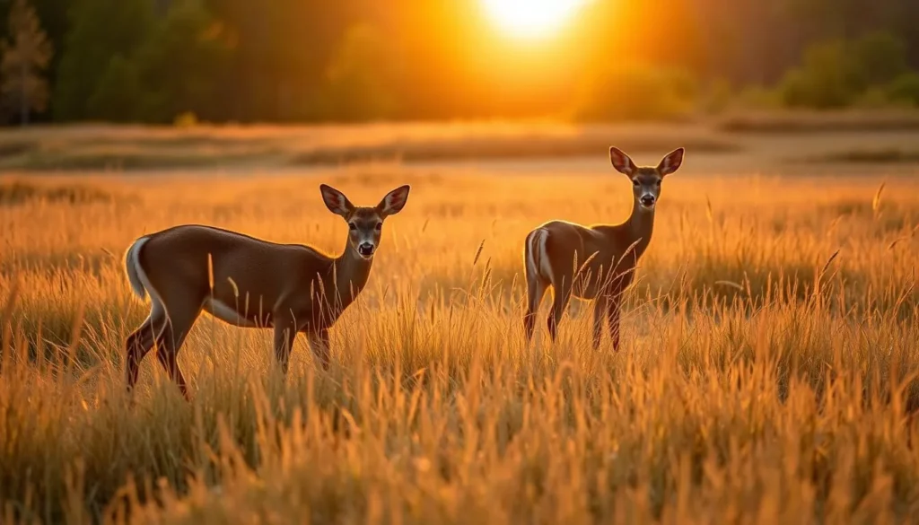 White-tailed deer grazing in a meadow at Burning Star State Park during golden hour