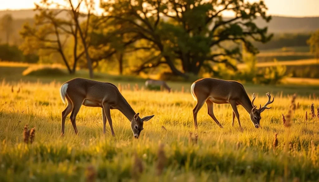 White-tailed deer grazing in a meadow at Pere Marquette State Park Illinois during golden hour White-tailed deer grazing in a meadow at Pere Marquette State Park Illinois during golden hour