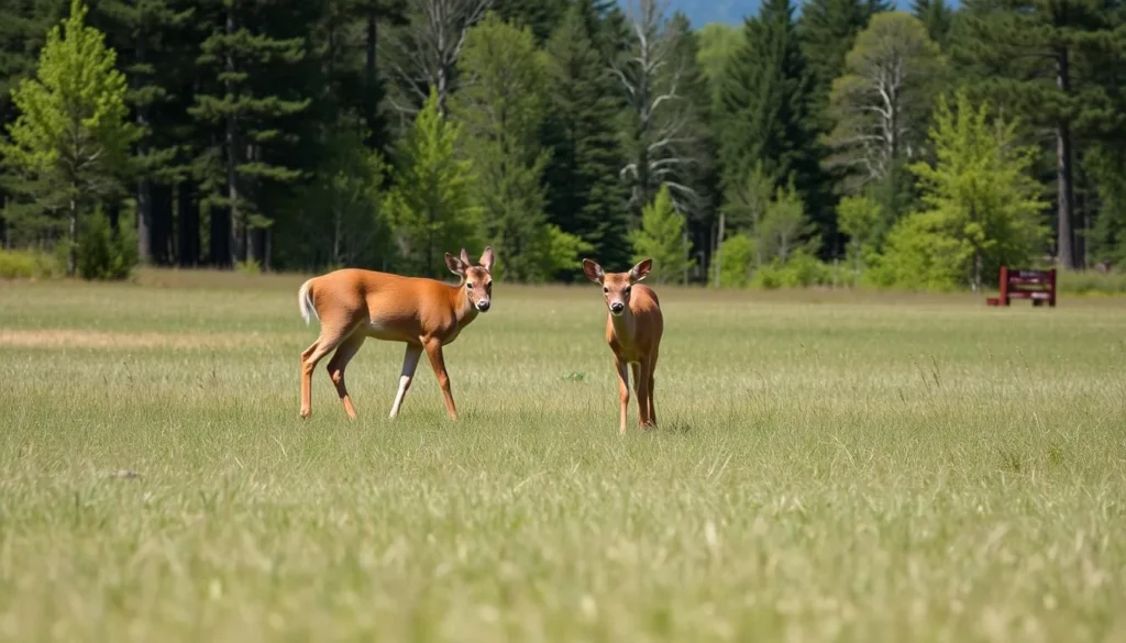 White-tailed deer grazing near Lake Sherwood with forest backdrop White-tailed deer grazing near Lake Sherwood with forest backdrop