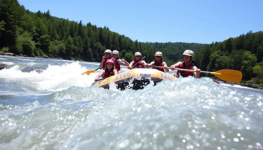 Whitewater rafters navigating rapids on the Youghiogheny River in Ohiopyle State Park