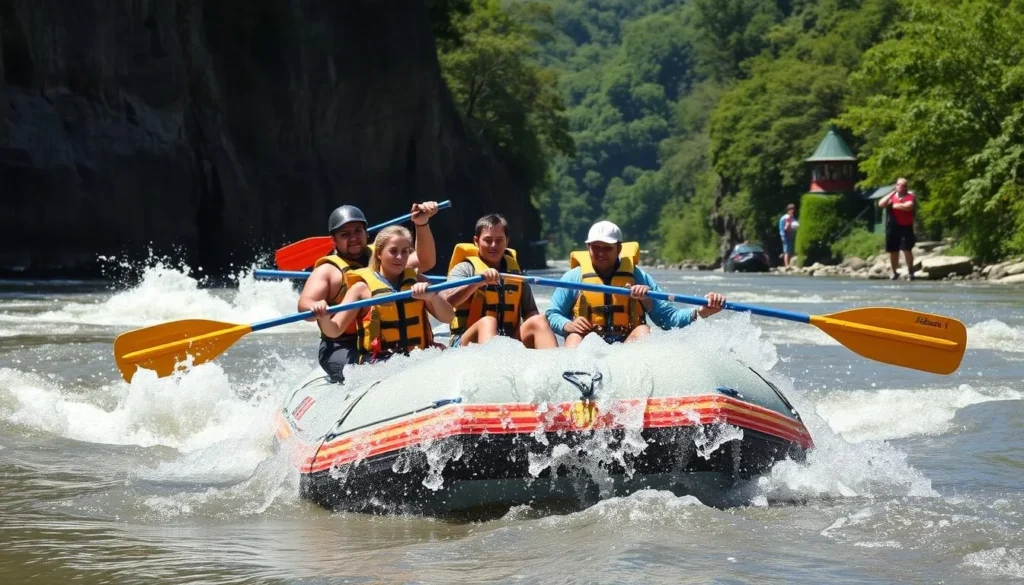 Whitewater rafting adventure on the Lehigh River with people navigating rapids Whitewater rafting adventure on the Lehigh River with people navigating rapids