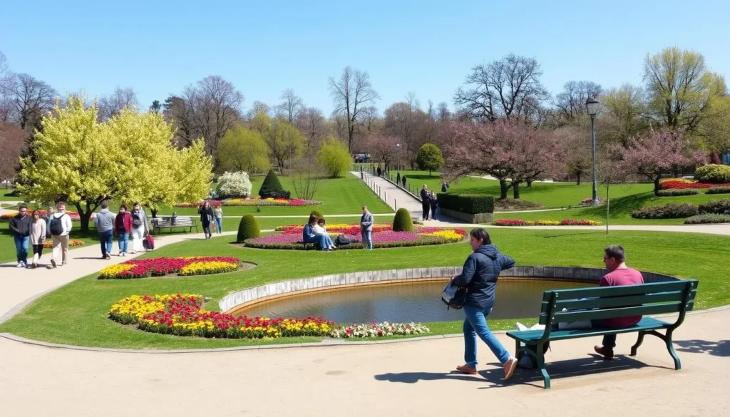 Wiesbaden's Kurpark in spring with blooming flowers and people enjoying the sunny weather