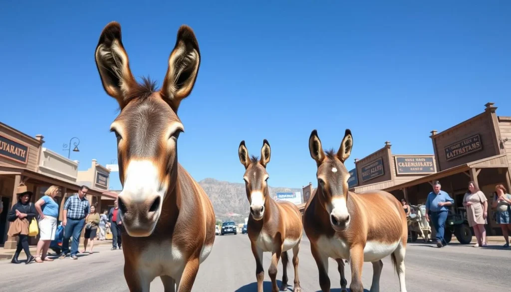 Wild burros roaming the streets of historic Oatman in the Black Mountains region Wild burros roaming the streets of historic Oatman in the Black Mountains region