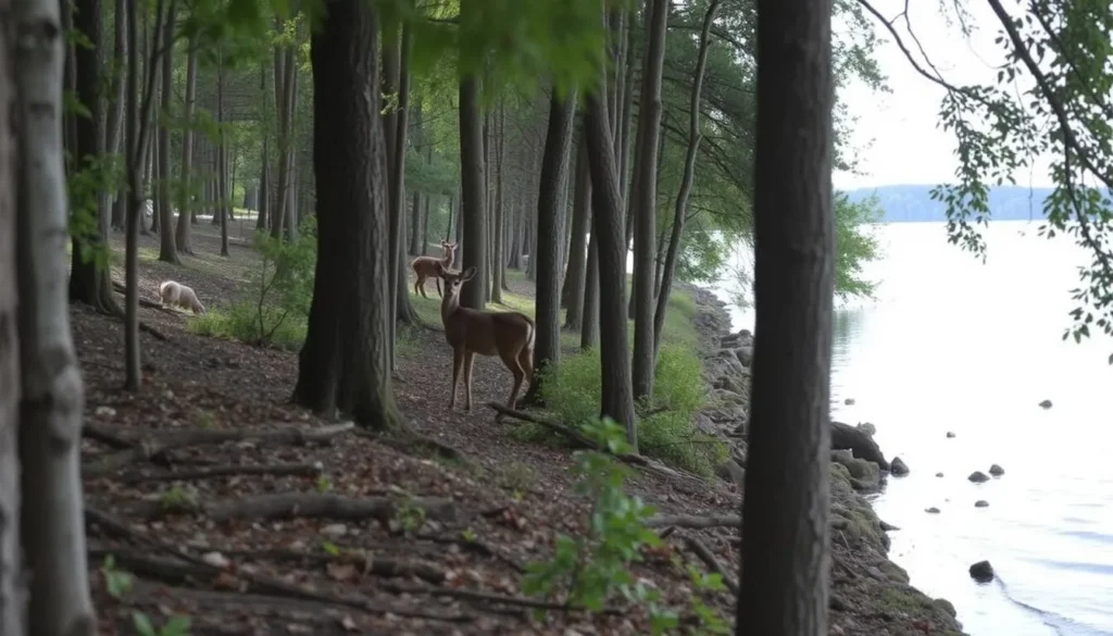 Wildlife at Frank Holten State Park - a deer visible among trees near the lake shore Wildlife at Frank Holten State Park - a deer visible among trees near the lake shore