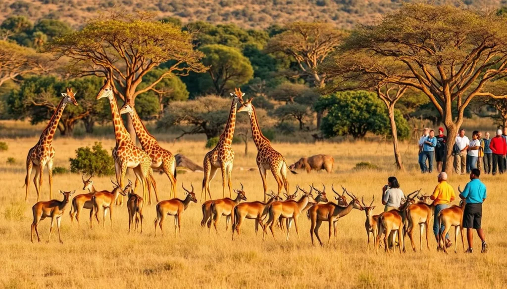 Wildlife in Omo National Park showing giraffes and antelopes with diverse tourists observing from a safe distance