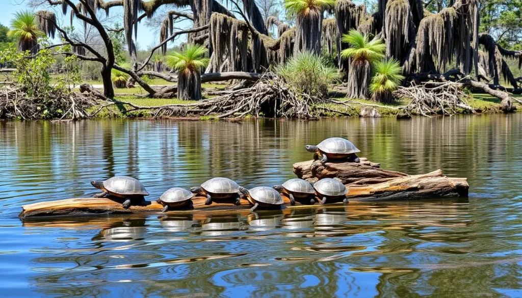 Wildlife on Bayou Bartholomew Louisiana showing turtles basking on a log Wildlife on Bayou Bartholomew Louisiana showing turtles basking on a log