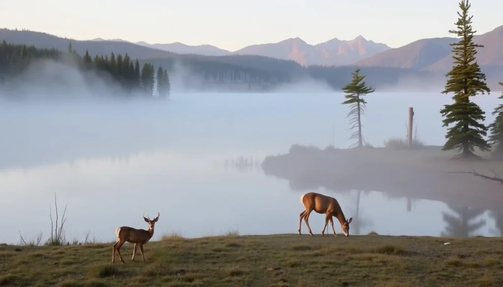 Wildlife viewing at Fenton Lake with deer grazing near the water's edge at dawn Wildlife viewing at Fenton Lake with deer grazing near the water's edge at dawn