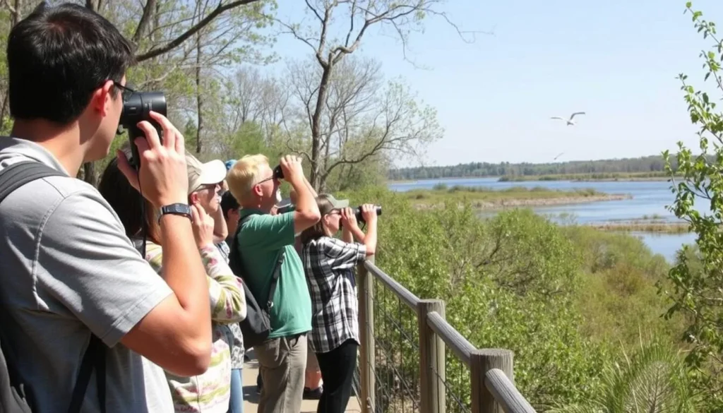 Wildlife viewing at LaSalle Lake State Park showing diverse visitors observing birds and natural surroundings Wildlife viewing at LaSalle Lake State Park showing diverse visitors observing birds and natural surroundings
