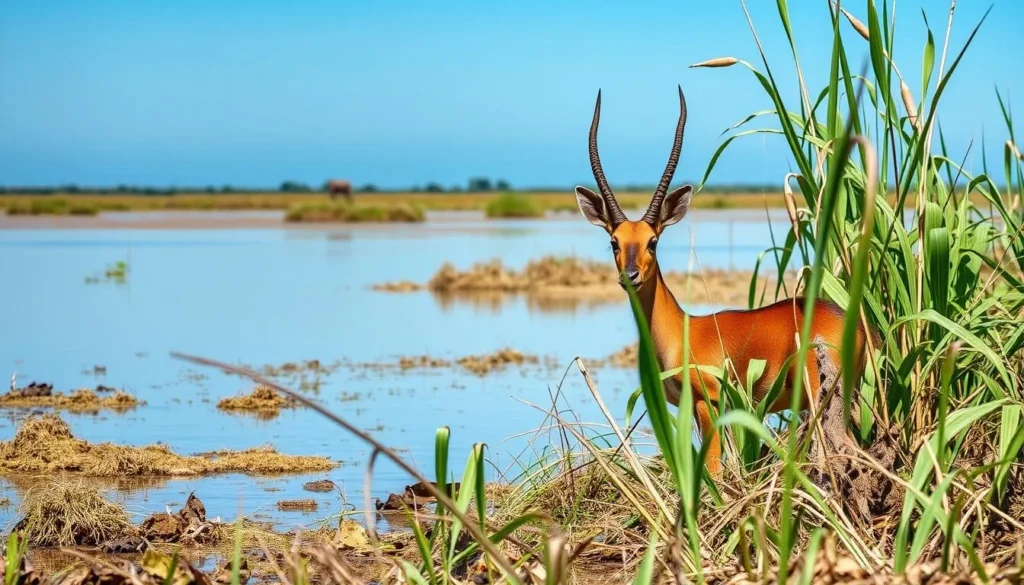 Wildlife viewing at Lake Opeta showing a sitatunga antelope in the wetlands Wildlife viewing at Lake Opeta showing a sitatunga antelope in the wetlands