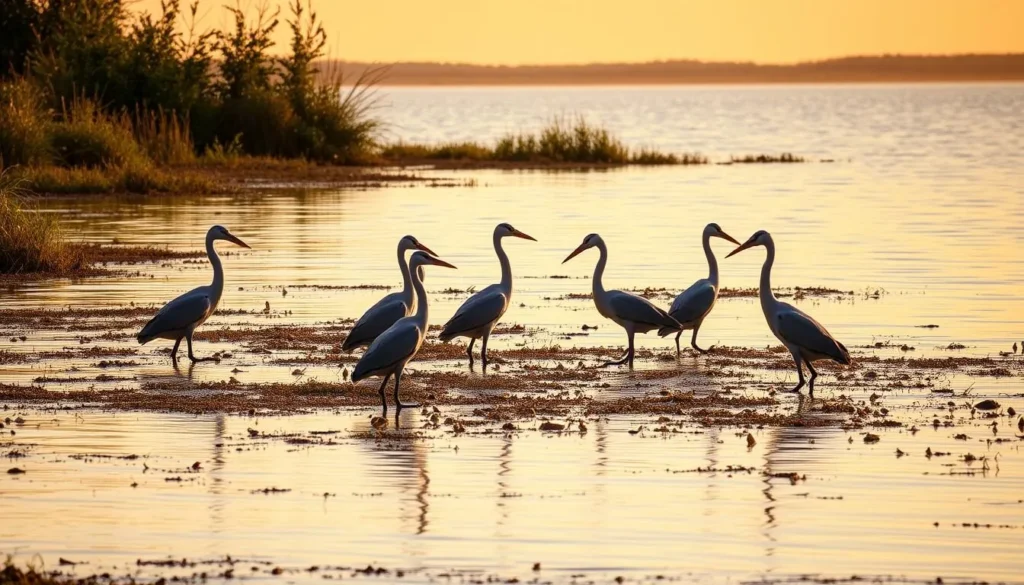 Wildlife viewing at Lake Vermilion with herons wading in the shallow waters Wildlife viewing at Lake Vermilion with herons wading in the shallow waters